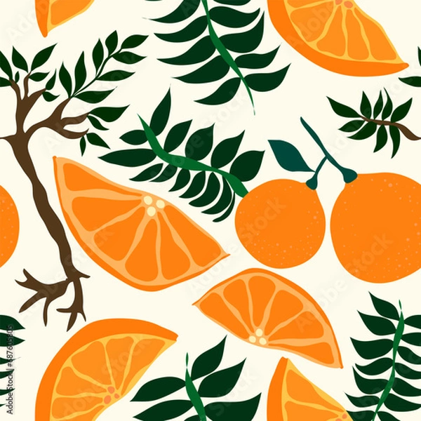 Fototapeta oranges with trees and leaves seamless pattern. It is suitable for fabric, textile, decorations, wrapping, clothing and more.