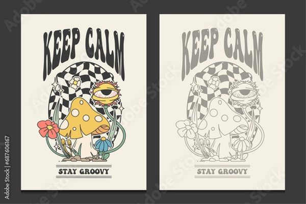 Fototapeta retro 70s posters or keep calm and stay groovy t-shirt design template, vector illustration