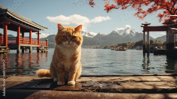 Obraz 世界遺産のような風景と可愛らしい猫｜Generative AI