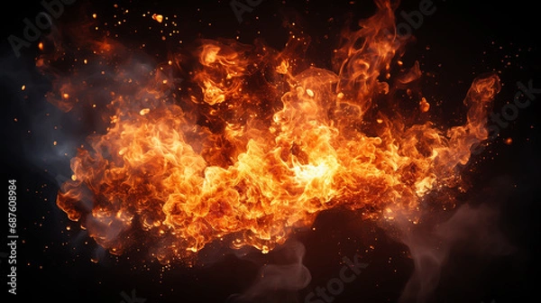 Fototapeta Fiery bomb explosion with sparks isolated on black background