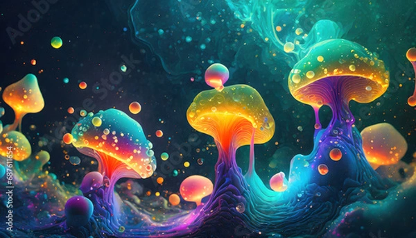 Fototapeta Brightly colored liquid fluid abstract trippy mushroom blobs