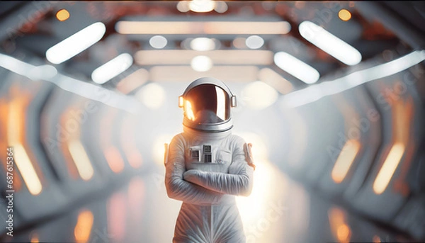 Fototapeta Astronaut in space man suit standing in spaceship with folded arms