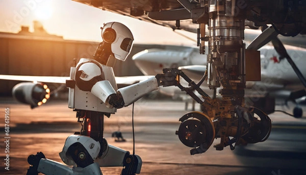 Fototapeta Humanoid robot making aviation repairs
