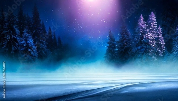 Obraz dark winter forest background at night snow fog moonlight neon figure in the center