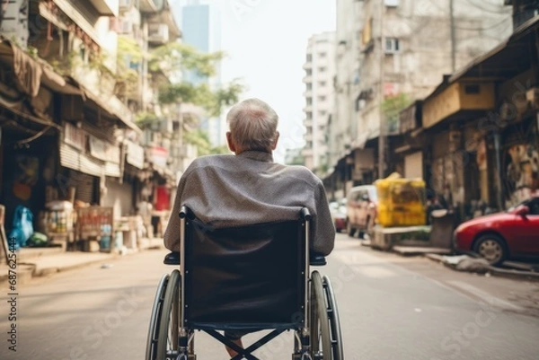 Fototapeta Asian senior man sitting in wheelchair on the street in Hong Kong, An old man is sitting in a wheelchair on a walk in the city, rear view, AI Generated