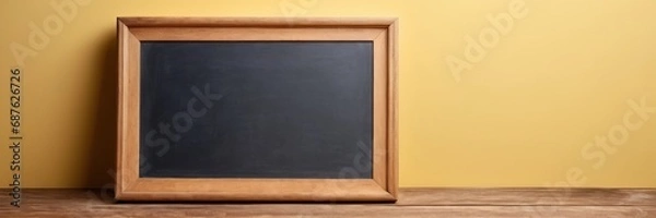 Fototapeta 
Empty blackboard with wooden frame on wooden table over yellow background.