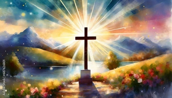 Obraz spiritual illustration jesus cross christianity background art crucifix god religion artwork religious landscape biblical spirit light star sunlight symbolic faith holy bible church easter christmas