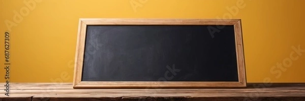 Fototapeta 
Empty blackboard with wooden frame on wooden table over yellow background.