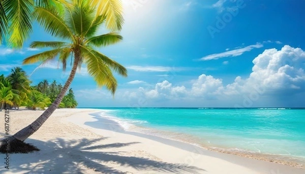 Obraz sunny tropical caribbean beach with palm trees and turquoise water island vacation hot summer day