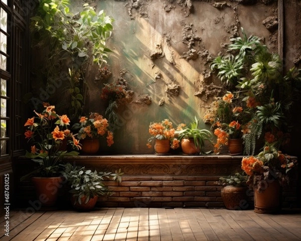 Fototapeta Urban Oasis with Plants in a Sunlit Corner
