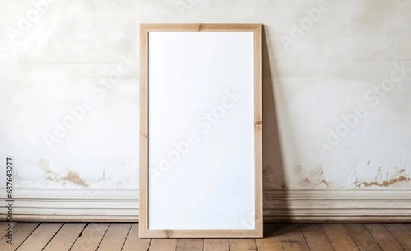 Fototapeta vertical blank  painting in a thin wooden frame leaning against a white wall and resting on a distressed wooden floor