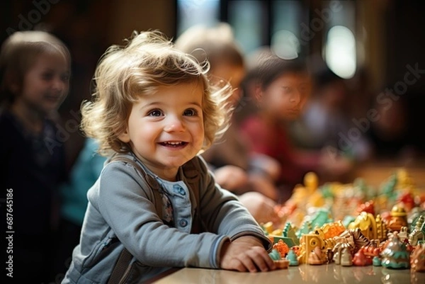 Fototapeta small child with toys in daycare facility