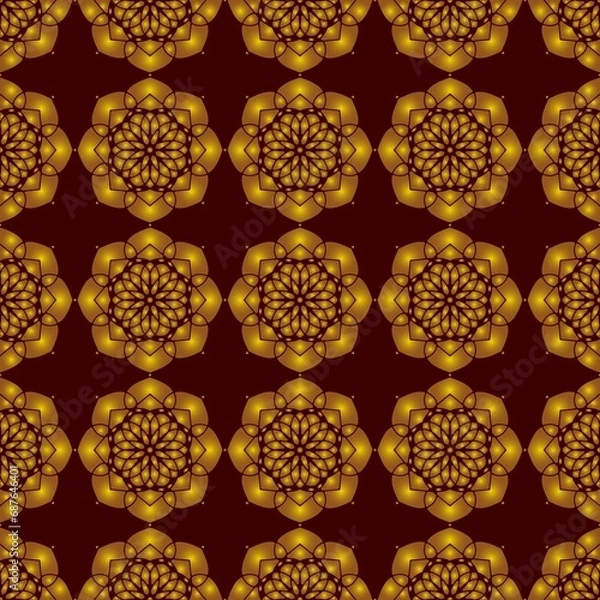 Fototapeta voluminous golden floral ornament on a maroon background. seamless brown embossed pattern. stencil. 3d. beautiful lace. print. template.