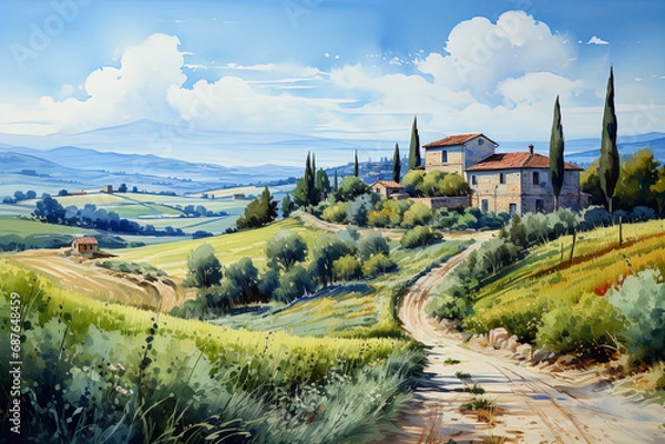 Obraz Painting watercolor of Tuscany, Italy landscape, Tuscany landscape with fields, meadows, cypress trees and houses on the hills, Italy landmark, Tuscany, Europe, generative ai