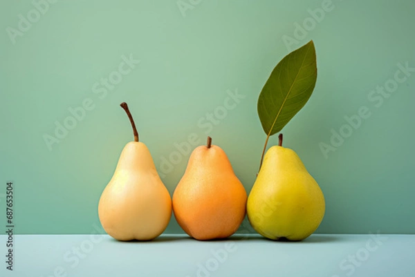 Fototapeta Three pears with a single leaf, in hues of yellow and orange, aligned on a pastel blue surface against a teal background.