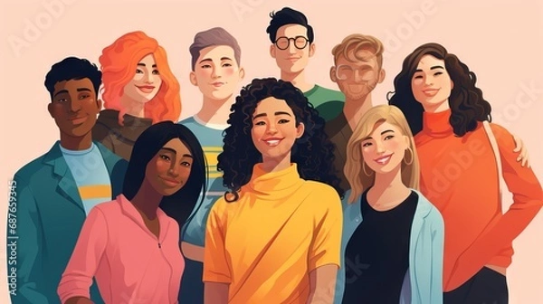Fototapeta A diverse group of individuals from various cultures standing together in unity.