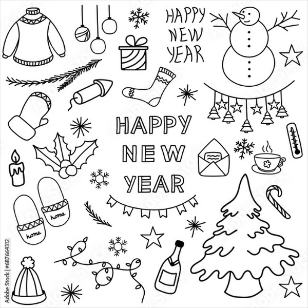 Fototapeta A set of doodles on a Christmas theme. Hand drawn doodles isolated on white background. Suitable for decorating notebooks, digital gliders, decorating stickers, envelopes, banners.