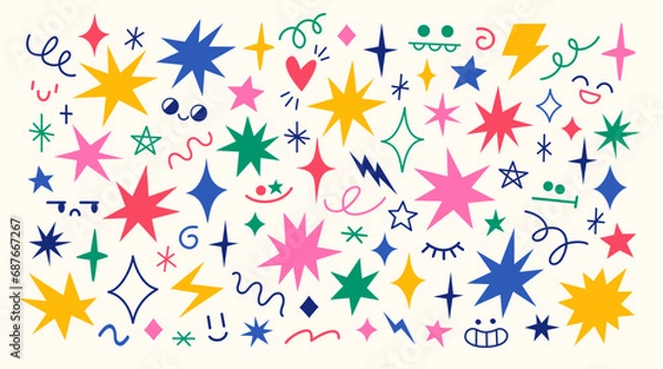 Fototapeta Vector set of hand drawn various colourful funny stars, sparks, wave shapes and comic creatures faces. Cute doodle design elements.