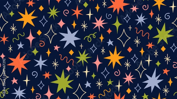 Fototapeta Colourful funny vector seamless pattern with random various hand drawn doodle stars and sparks. Christmas, birthday wrapping paper, background, wallpaper, textile..