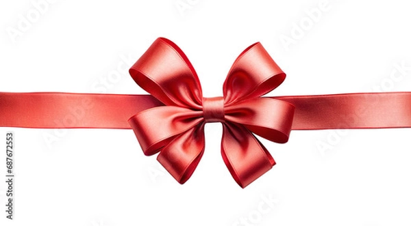Fototapeta red gift present ribbon with bow in center, top view, isolated on transparent background, PNG