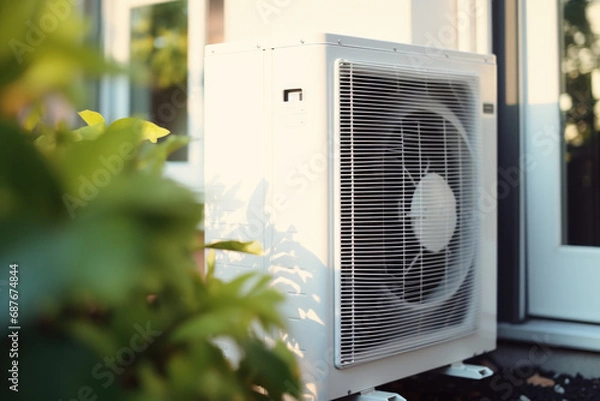 Fototapeta A white air conditioner sitting on top of a window sill. Can be used to depict home cooling or energy efficiency