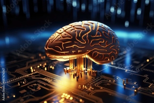 Fototapeta A computer circuit with a golden brain on top, representing intelligence and technology. 