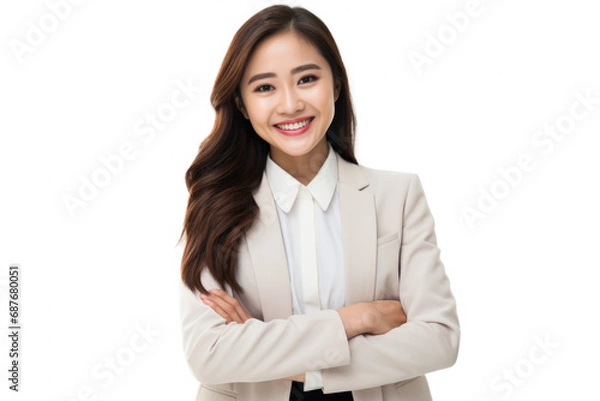 Obraz Professional woman in business suit smiling confidently with her arms crossed. Perfect for corporate presentations and business-related content.