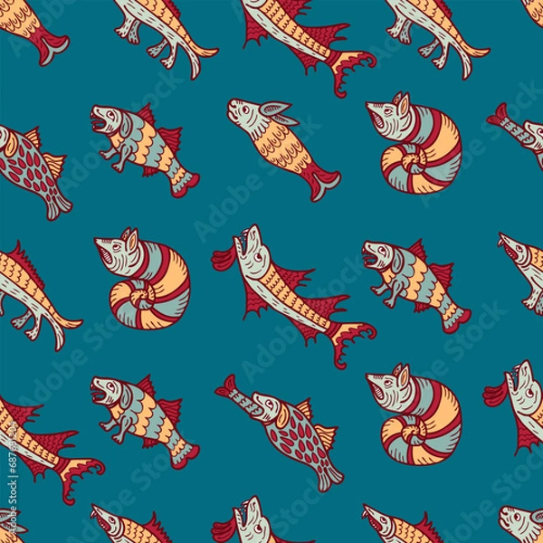 Fototapeta Medieval bestiary style marine mysterious beasts doodle seamless pattern. Surrealistic print for tee, paper, textile and fabric. Hand drawn vector illustration.