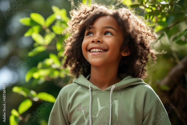Fototapeta A young boy wearing a green hoodie with the letter h on it