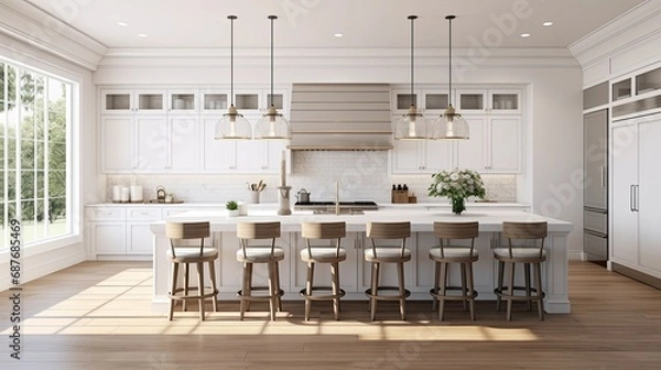 Obraz a beautiful white kitchen in a new luxury home, a large island, pendant lights, and wood floors, the composition in a minimalist, modern style.