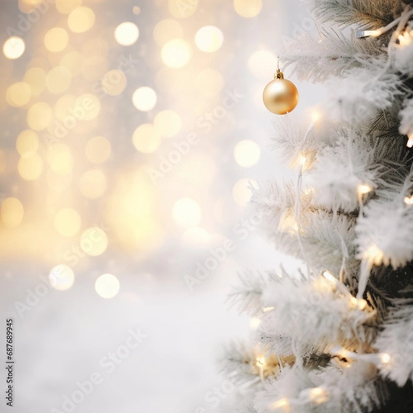 Fototapeta Blurred winter landscape with snowflakes and fir trees branches covered with frost wonderland, bokeh light. Winter mood. Snow covered branches in winter. AI Generative