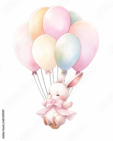 Fototapeta Adorable bunny on balloon, pastel colorful illustration for kids and greeting cards isolated on white background.