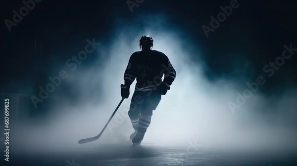 Fototapeta Hockey player with stick in action under spotlight