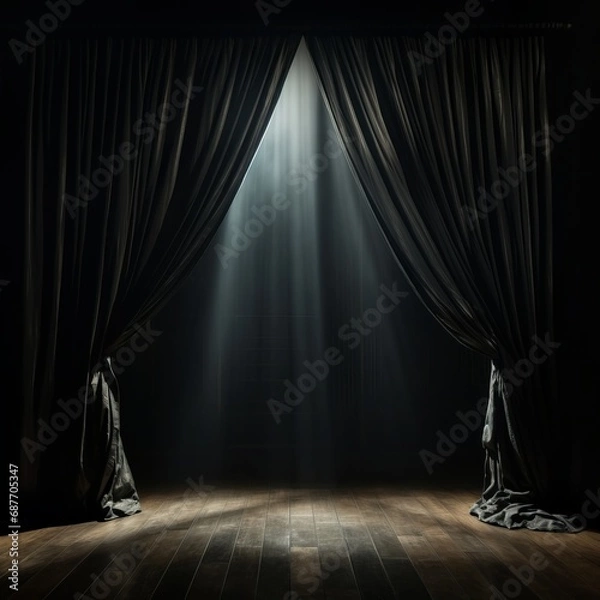 Fototapeta Beams of light shine through partially opened theater curtains onto a dark stage, suggesting an imminent show