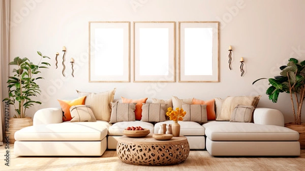 Fototapeta Frame and poster mockup in interior background, Scandi-Boho style, pastel colors