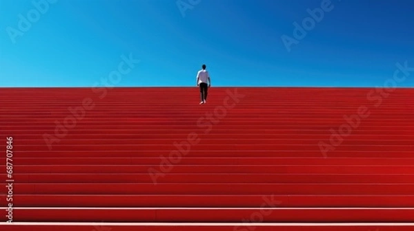 Obraz  a person standing in front of a white background with a black and red stripe on the bottom of the image.