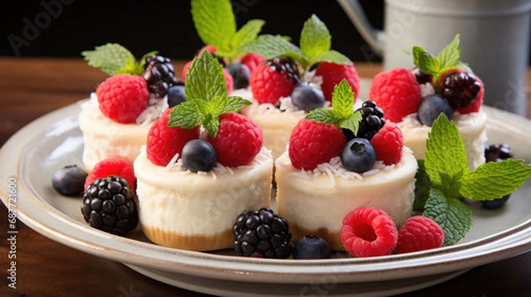 Fototapeta Individual cheesecakes garnished with an assortment of berries and mint leaves, ready to serve for an elegant dessert experience.
