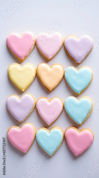 Fototapeta Rows of colorful heart cookies, a delightful treat for a Valentine's celebration, lined up in perfect harmony.
