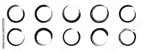 Obraz Grunge circles brush set. Black circle frames. Round line of black paint. Grunge round shapes. Circular ink brush stroke fro design elements. Vector illustration.