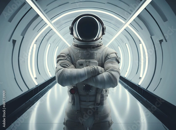 Fototapeta Astronaut stands arms folded in space suit on spaceship