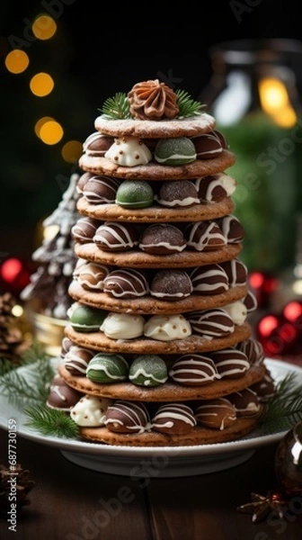 Fototapeta Christmas tree and candle, cookies. Bokeh background, shallow depth of field. AI-generated image