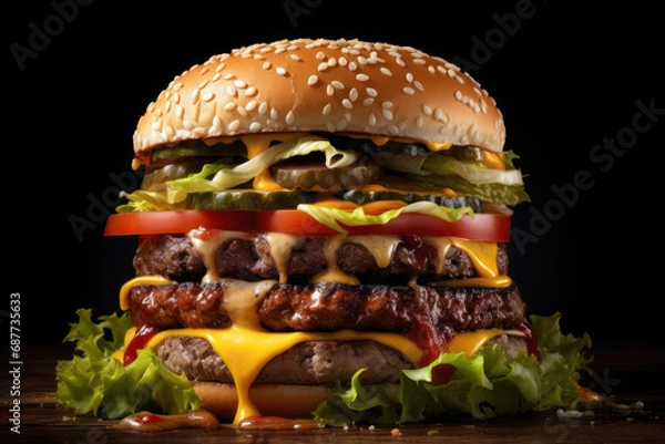 Fototapeta A towering burger with layers of succulent beef, melted cheese, and crisp lettuce, promising a satisfying bite. Concept of hearty fast food. Generative Ai.