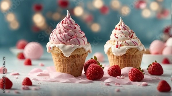 Fototapeta A delicious ice cream cone is topped with a variety of flavors and colorful sprinkles