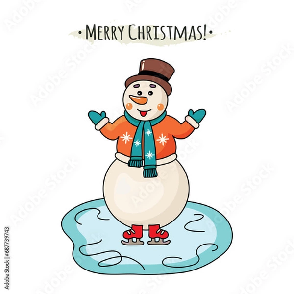 Fototapeta Christmas New Year card with funny cartoon snowman skating vector illustration