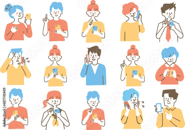 Obraz 携帯電話を使っている人たちのセット_色