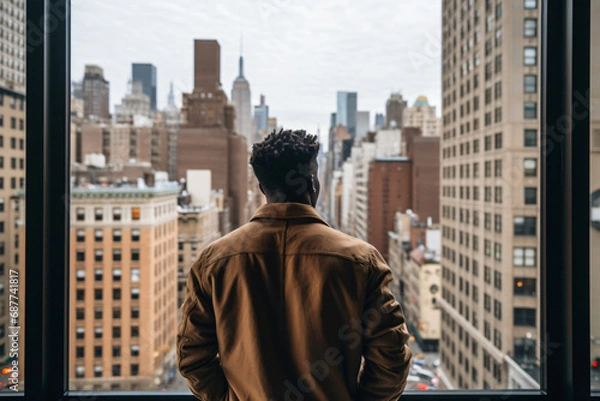 Fototapeta An unrecognizable young Afro man observes the city from an apartment window.