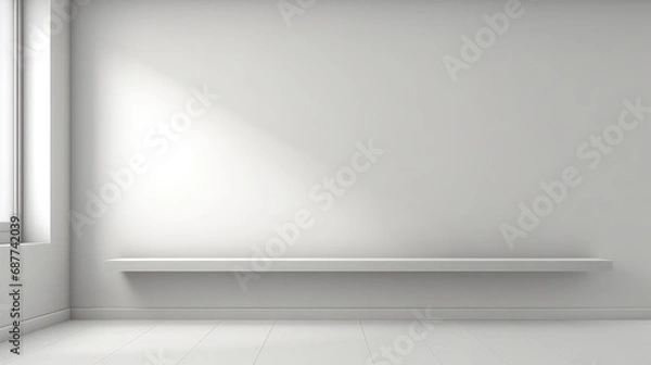 Fototapeta A superflat, light grey background designed for product presentations, featuring soft light and shadow accents from nearby windows.