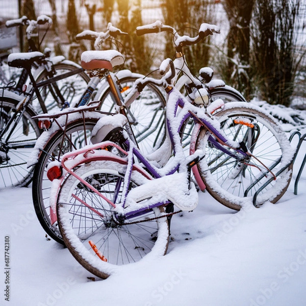 Fototapeta Winter landscape with a group of bicycles covered in snow.