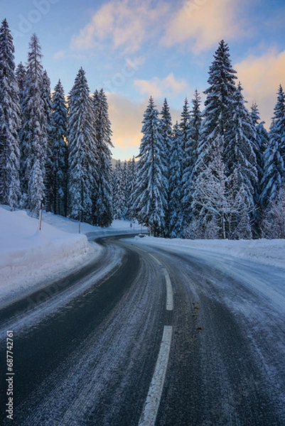 Fototapeta alpine road in the mountains with snow covered trees in winter