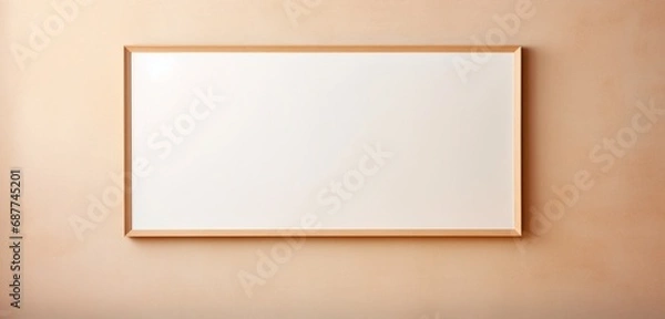 Fototapeta Empty wooden frame on a beige wall, providing a blank canvas for creative exploration.